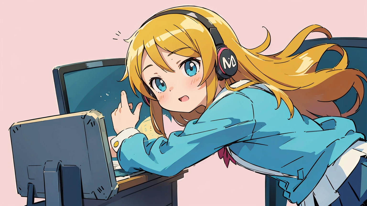 Kousaka Kirino, oreimo, best quality, realistic, vividKirinos, digital illustration, gamer girl, orange long hair, middle school student, teen, focused look, headphones, gaming controller, colorful background, cheerful expression, beautiful, pretty