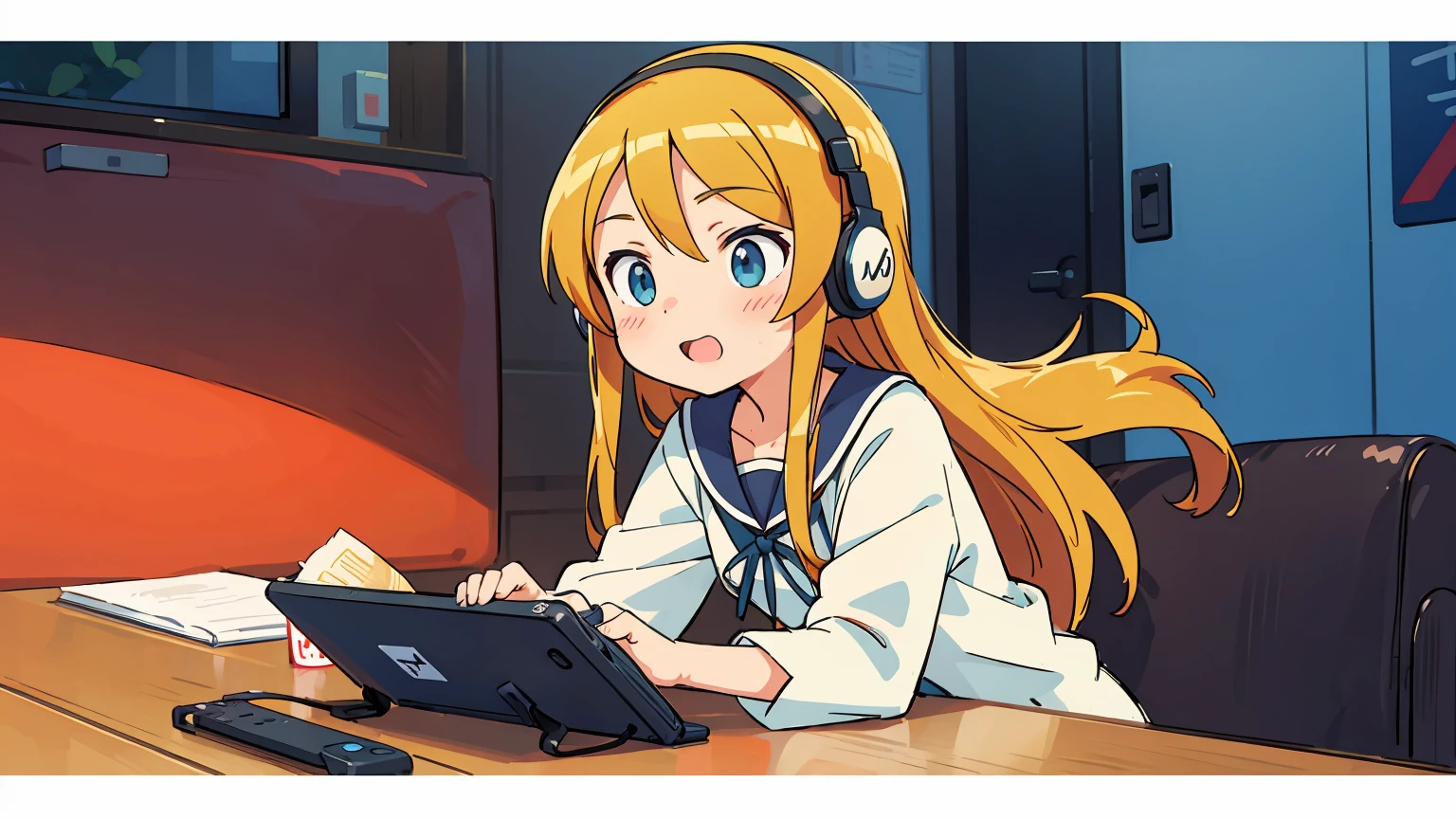 Kousaka Kirino, oreimo, best quality, realistic, vividKirinos, digital illustration, gamer girl, orange long hair, , teen, focused look, hhones, gaming controller, colorful background, cheerful expression, beautiful, pretty