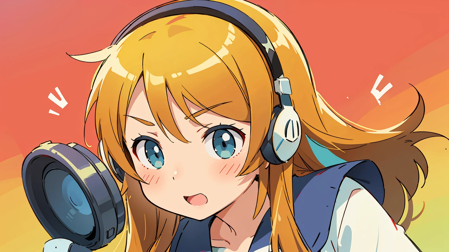 Kousaka Kirino, oreimo, best quality, realistic, vividKirinos, digital illustration, gamer girl, orange long hair, middle school student, teen, focused look, headphones, gaming controller, colorful background, cheerful expression, beautiful, pretty