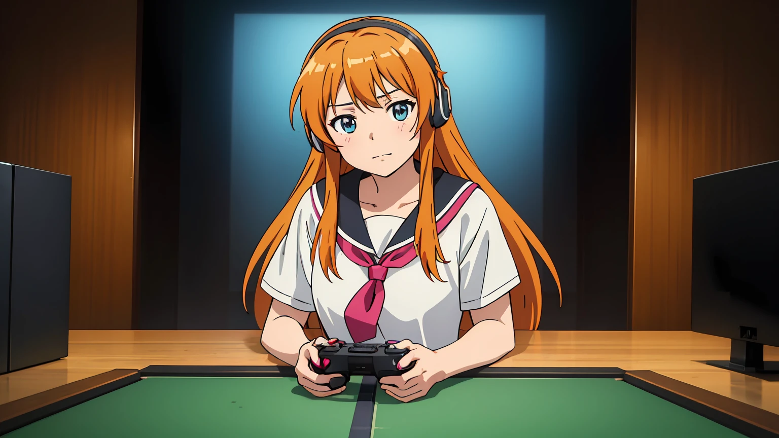 kousaka Kirinbest quality, realistic, vividKirinos, digital illustration, gamer girl, focused look, headphones, gaming controller, colorful background, cheerful expression, o, orange long hair, middle school student, teen, 