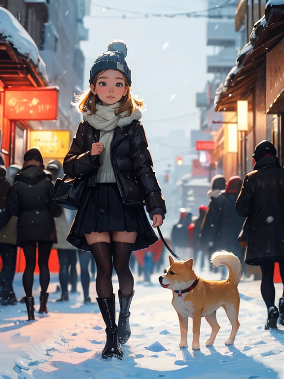 High-quality images, atmospheric perspective, 8 thousand, super detail, accurate, best quality, angle from below, female, droopy eyes, blush, walk through the city's winter park, She is holding a small dog, food track, busy, skyscrappers, snowfall, (white breath), skirt, thick stockings, high boots, shoulder bag, Knitted hat,