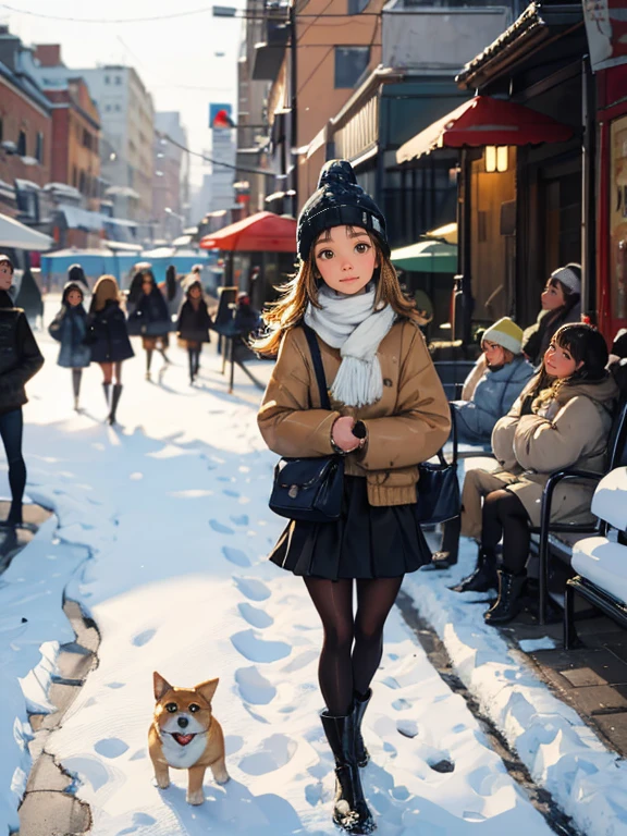 High-quality images, atmospheric perspective, 8 thousand, super detail, accurate, best quality, angle from below, female, droopy eyes, blush, walk through the city&#39;s winter park, She is holding a small dog, food track, busy, skyscrappers, snowfall, (white breath), skirt, thick stockings, high boots, shoulder bag, Knitted hat,