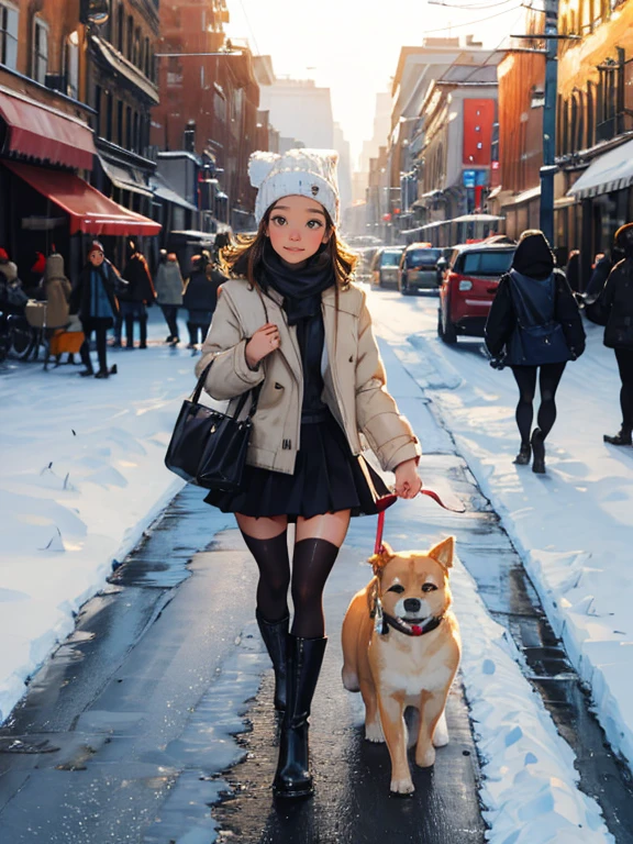 High-quality images, atmospheric perspective, 8 thousand, super detail, accurate, best quality, angle from below, female, droopy eyes, blush, walk through the city's winter park, She is holding a small dog, food track, busy, skyscrappers, snowfall, (white breath), skirt, thick stockings, high boots, shoulder bag, Knitted hat,