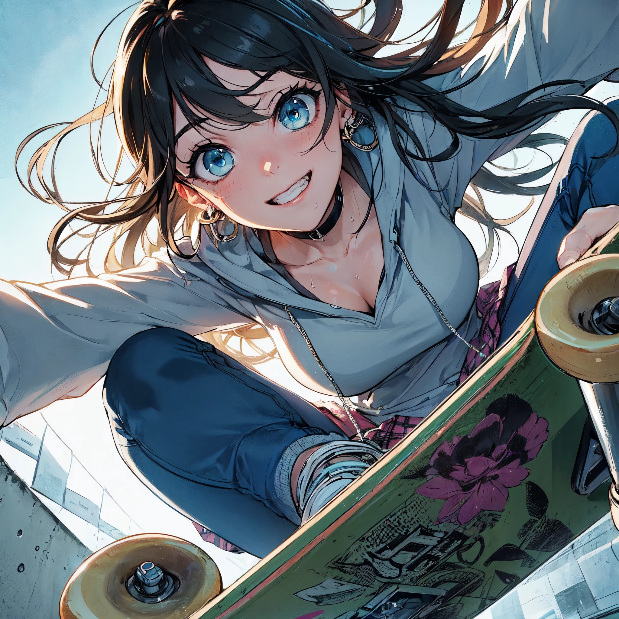 high quality,hd,16k,sharp line,1girl,female skateboard athlete ,cute face, large breasts, nice legs,hold a skateboard, sweat,in skateboard venue,focus girl,detailed beautiful face,detailed clothes,beautiful eyes,pretty,dynamic angle