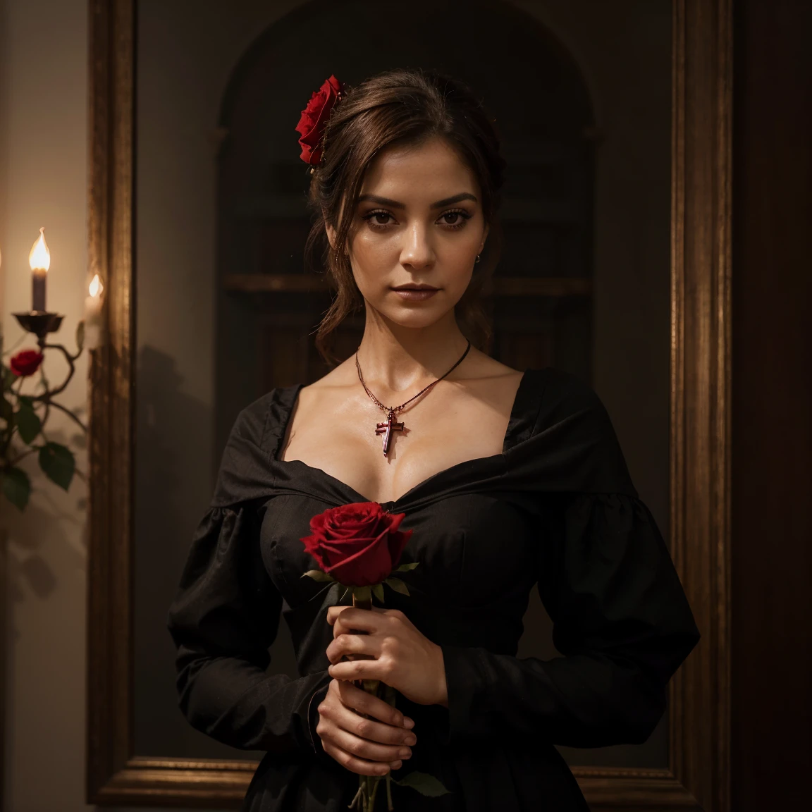 manos de mujer, centrado, holding a red rose, vestido victoriano, elegante, rostro perfecto, mujer hermosa,blood details,iluminacion equilibrada, dark vibrant, oil painting, foco principal en las manos, red dominant, gothic style, cross necklace, vampire, more blood.