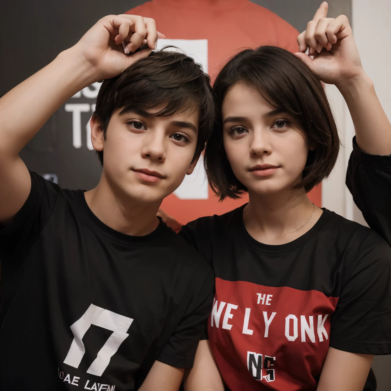 a boy and girl, both wearing dark red blank t shirt, they are doing experiment together