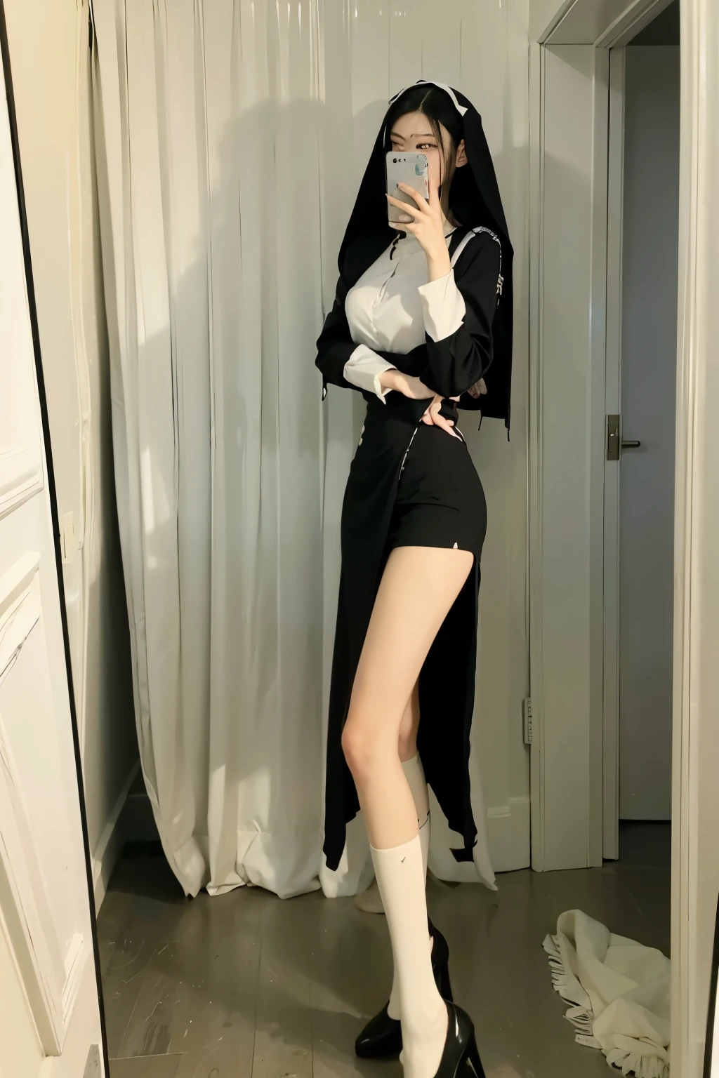 araffe dressed in a nun costume taking a selfie in a mirror, nun outfit, nun fashion model, Anime Girls Cosplay, full body xianxia, anime cosplay, nun, stockings and skirt, Brutal Korean Goth Girl, vampire nun, Full body and clothing, billie eilish as a nun, high quality clothing, Full length and white