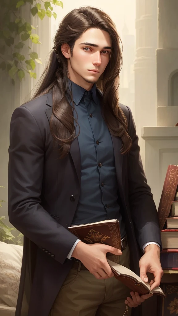 a portrait of a young man with　Her long brunette hair is tied in a high ponytail.holding a book, cover art, realistic