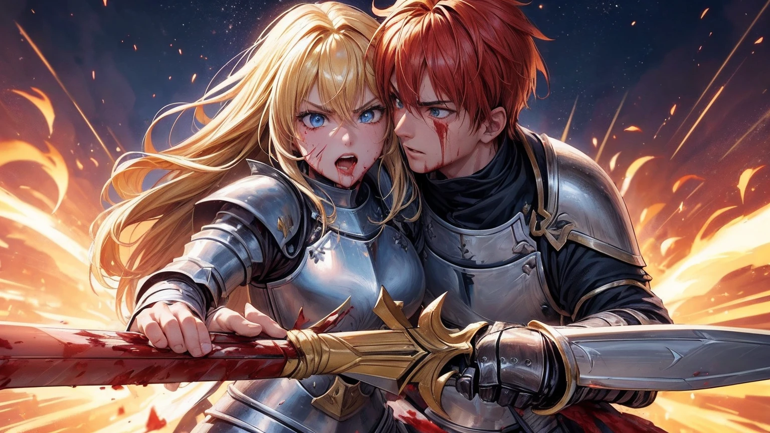 masterpiece,8k,best quality,ultra detailed,ultra highres, (((A male paladin and a female knight are dueling with swords))), (holding a fire sword), (rage:1.3), (((face close-up))), blonde hair, blue eye, straight hair, (fire:1.1), (((Burning-Edge:1.2))), (sunrise), (((arena))), (Shimmering Nightscapes), (Radiant Flares:1.2), (((speed lines:1.4))), (((from slightly above:0.7))), (((fighting stance))),(((bleeding:1.3)))