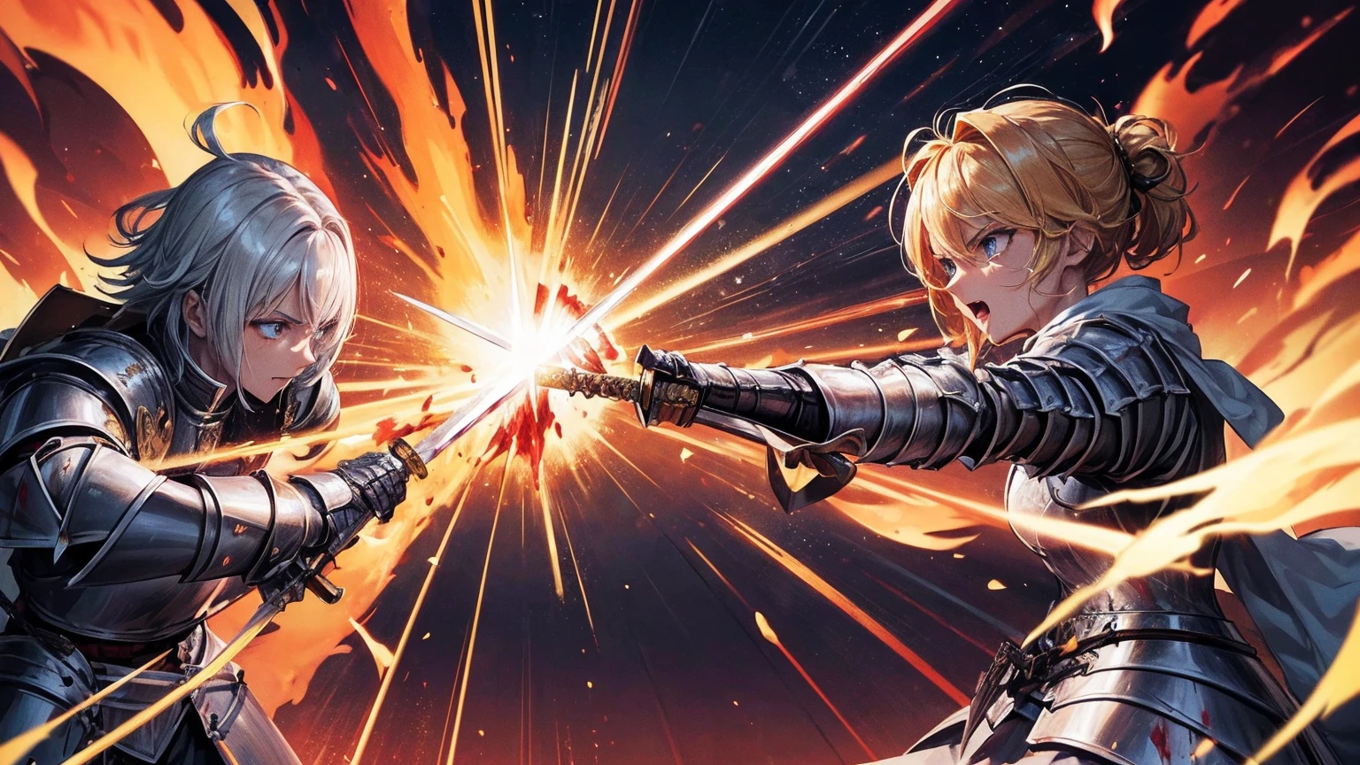 masterpiece,8k,best quality,ultra detailed,ultra highres, (((A male paladin and a female knight are dueling with swords))), (holding a fire sword), (rage:1.3), (((face close-up))), blonde hair, blue eye, straight hair, (fire:1.1), (((Burning-Edge:1.2))), (sunrise), (((arena))), (Shimmering Nightscapes), (Radiant Flares:1.2), (((speed lines:1.4))), (((from slightly above:0.7))), (((fighting stance))),(((bleeding:1.3)))