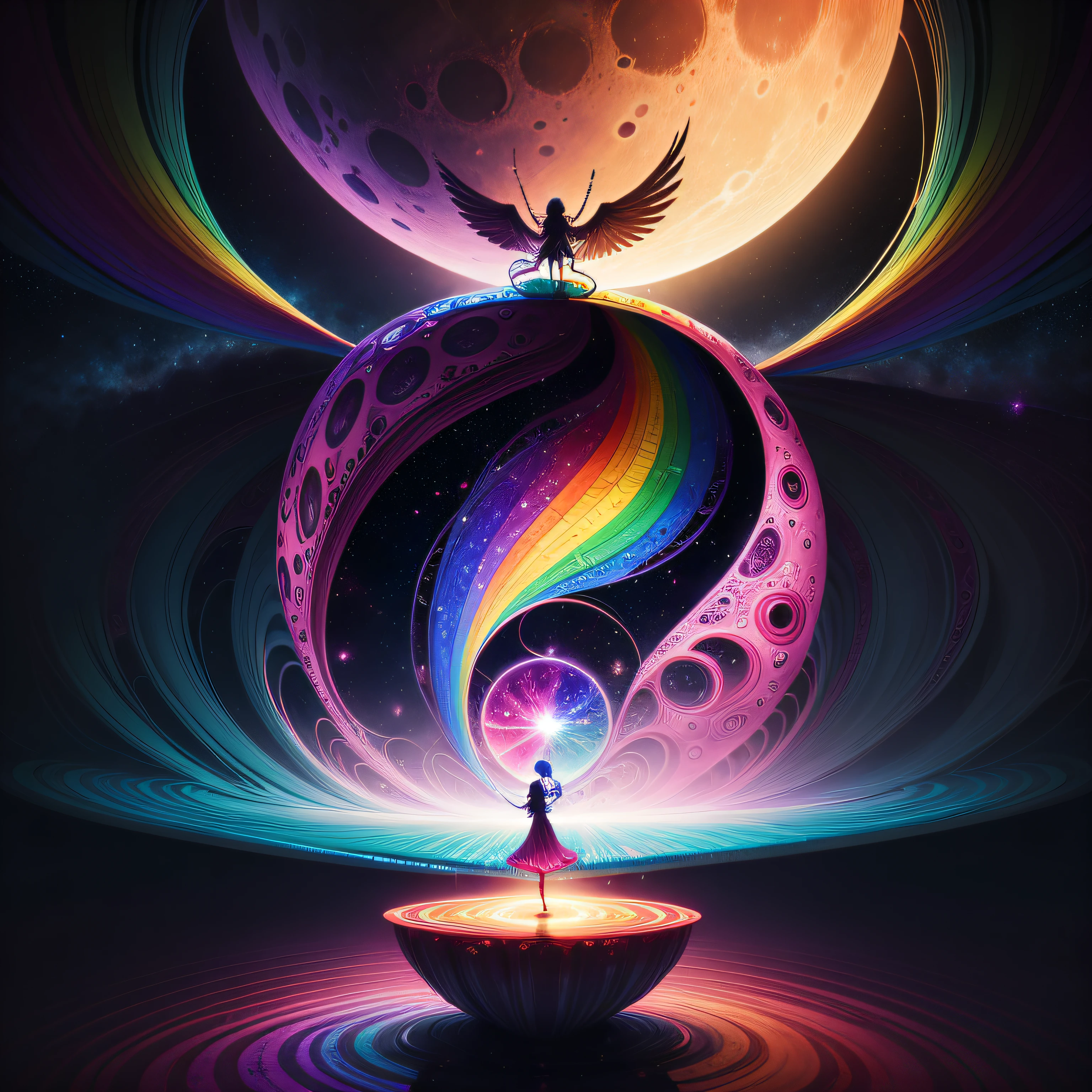 In a surreal, psychedelic realm, A kaleidoscope of vibrant colors revolves around an anthropomorphic moon playing a cosmic guitar. Celestial creatures dance on floating islands, And a rainbow waterfall falls upwards. Reality curves in this mind-blowing dreamscape