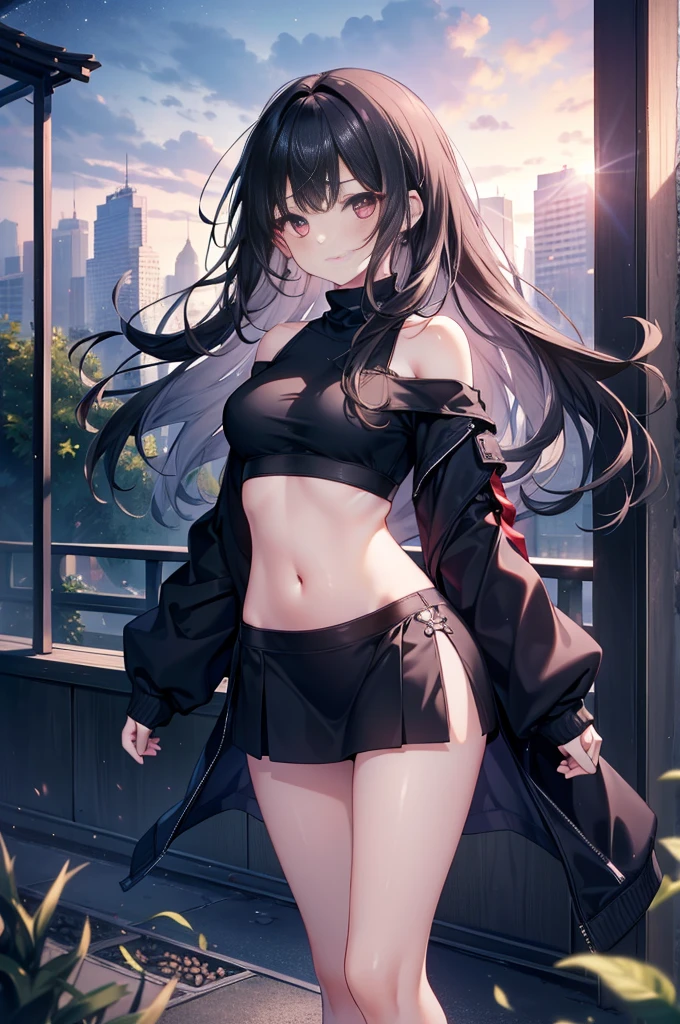 (masterpiece), (best quality), (4k resolution), (anatomy; perfect), , 1  girl, fair skin, red eyes, black hair), detailed eyes, perfect face, (locks, bangs), loose hair, (light effects in hair), eyebrow, nose, ear, tight mouth, smiling, sweatshirt OFF SHOULDER TOP, short skirt, tightig chest), (perfect belly), (perfect waist), Beautiful and perfect legs, standing, background scenery, in the park, new year, beautiful night, night lighting, looking at viewer shy, Open front))), (((Navel )))