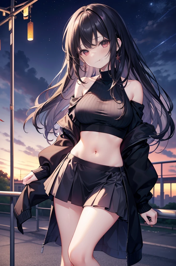 (masterpiece), (best quality), (4k resolution), (anatomy; perfect), , 1 girl, fair skin, red eyes, black hair), detailed eyes, perfect face, (locks, bangs), loose hair, (light effects in hair), eyebrow, nose, ear, tight mouth, smiling, sweatshirt OFF SHOULDER TOP, short skirt, tightig chest), (perfect belly), (perfect waist), Beautiful and perfect legs, standing, background scenery, in the park, new year, beautiful night, night lighting, looking at viewer shy, beautiful artstyle, Open front))), (((Navel )))