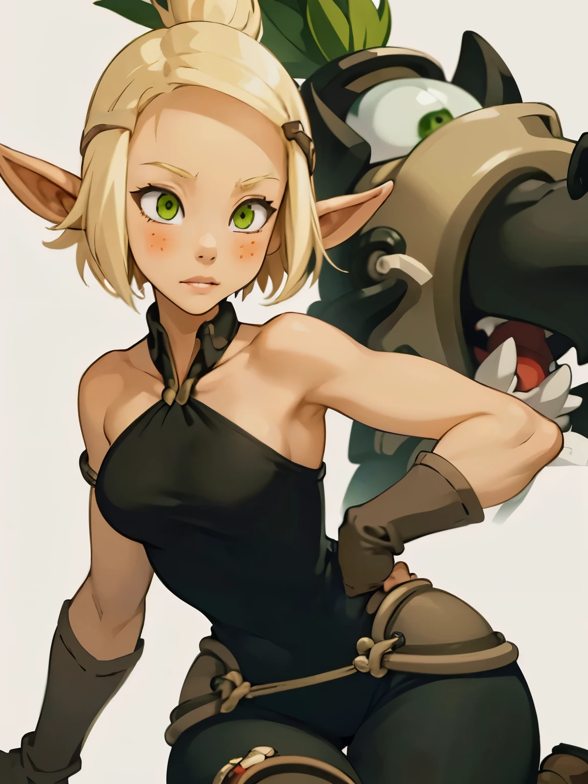 ((ultra quality)), ((masterpiece)), Evangelyne - Wakfu, Wakfu style, ((blonde short hair, evangelina hairstyle)), (Beautiful face), (beautiful female lips), (elven long ears), charming, ((sexy facial expression)), looks at the camera, eyes slightly open, (skin color white), (White skin), glare on the body, ((detailed beautiful female eyes)), ((dark green eyes)), (juicy female lips), (dark eyeliner), (beautiful female hands), ((ideal female figure)), ideal female body, beautiful waist, gorgeous thighs, beautiful large breasts, ((subtle and beautiful)), sexy sits (close up of face), (black clothes Evangelyne - wakfu season 1, clothes from the first season of the animated series, white top) background: the forest, ((depth of field)), ((high quality clear image)), (clear details), ((high detail)), realistically, professional photo session, ((Clear Focus)), anime