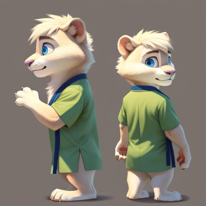 Young white lion, solo, male focus, blue eyes, green karate clothes Short sleeve, cut bangs, cute expression, standing, full body, (soft shading), 4k, detailed face, detailed eyes, detailed, concept art style, blank background, side view, zootopia style