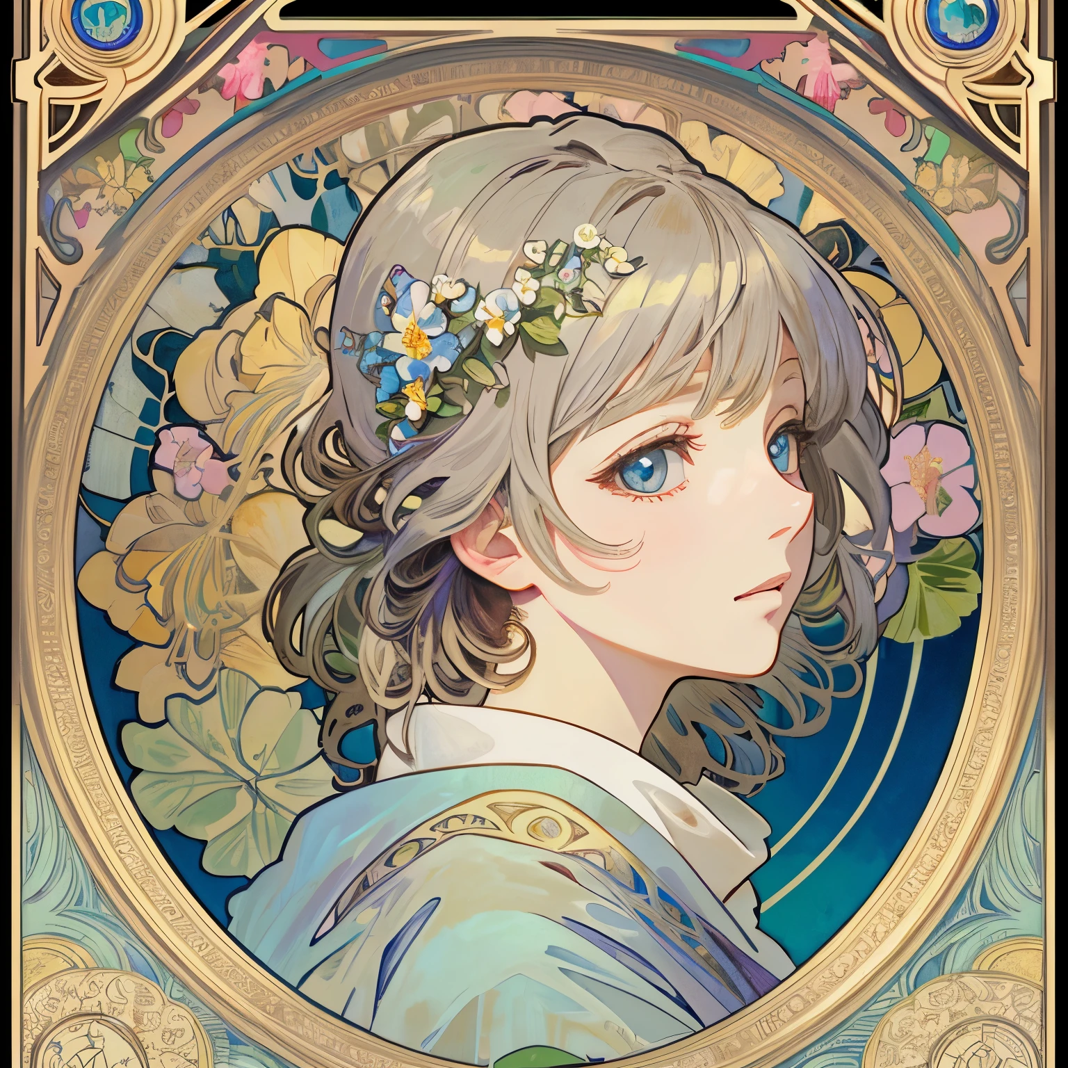 Beauty 1 person、(masterpiece、highest quality、highest quality、beautiful and aesthetic:1.2)、round picture frame、Rainbow-colored、Shining jewelry hair ornament、flowers in full bloom、detailed jewelry、dynamic、Based on the concept of an elegant woman、((Alphonse Mucha))、Shining eyes、colorful hair、Fluttering petals、Gradation、hyperdetailed intricately detailed, unreal engine, wonderful, intricate details, splash screen, complementary color, 8K resolution, 逸脱のmasterpiece、anime
