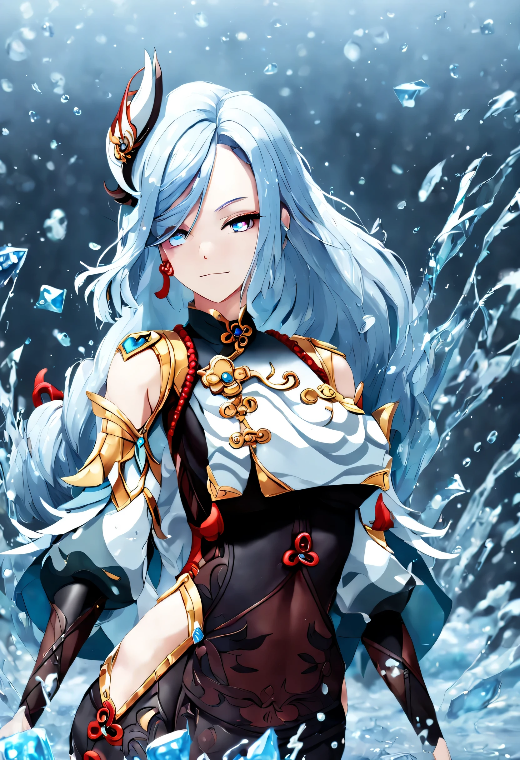 shenhe (impacto genshin) con salpicaduras de agua a su alrededor, sosteniendo dados azules, hilo azul alrededor de ella, Sonrisa afectada, cara redonda, gotitas de agua, mirando la pantalla del espectador, Paquete de 6, alto, biceps, triceps, muslos gruesos