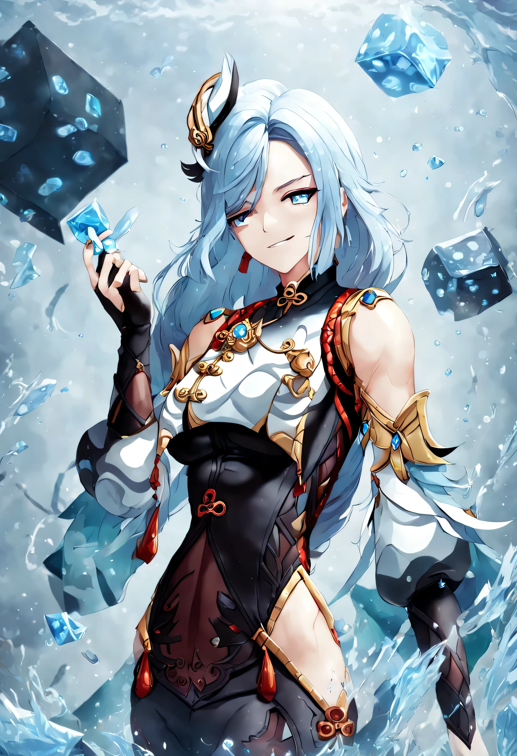 shenhe (impacto genshin) con salpicaduras de agua a su alrededor, sosteniendo dados azules, hilo azul alrededor de ella, Sonrisa afectada, cara redonda, gotitas de agua, mirando la pantalla del espectador, Paquete de 6, alto, biceps, triceps, muslos gruesos