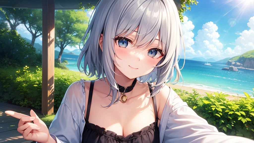 super high quality, with a girl, 20-year-old, very short hair, long bangs between the eyes, gray eyes , blue sky, sunlight, very detailed,(masterpiece、highest quality)、alone、gray hair、laughter、fantasy, silver hair, black eye, beautiful eyes,, ecstasy, charm, be smitten with audience, fantasyな風景、seaside、white clothes
