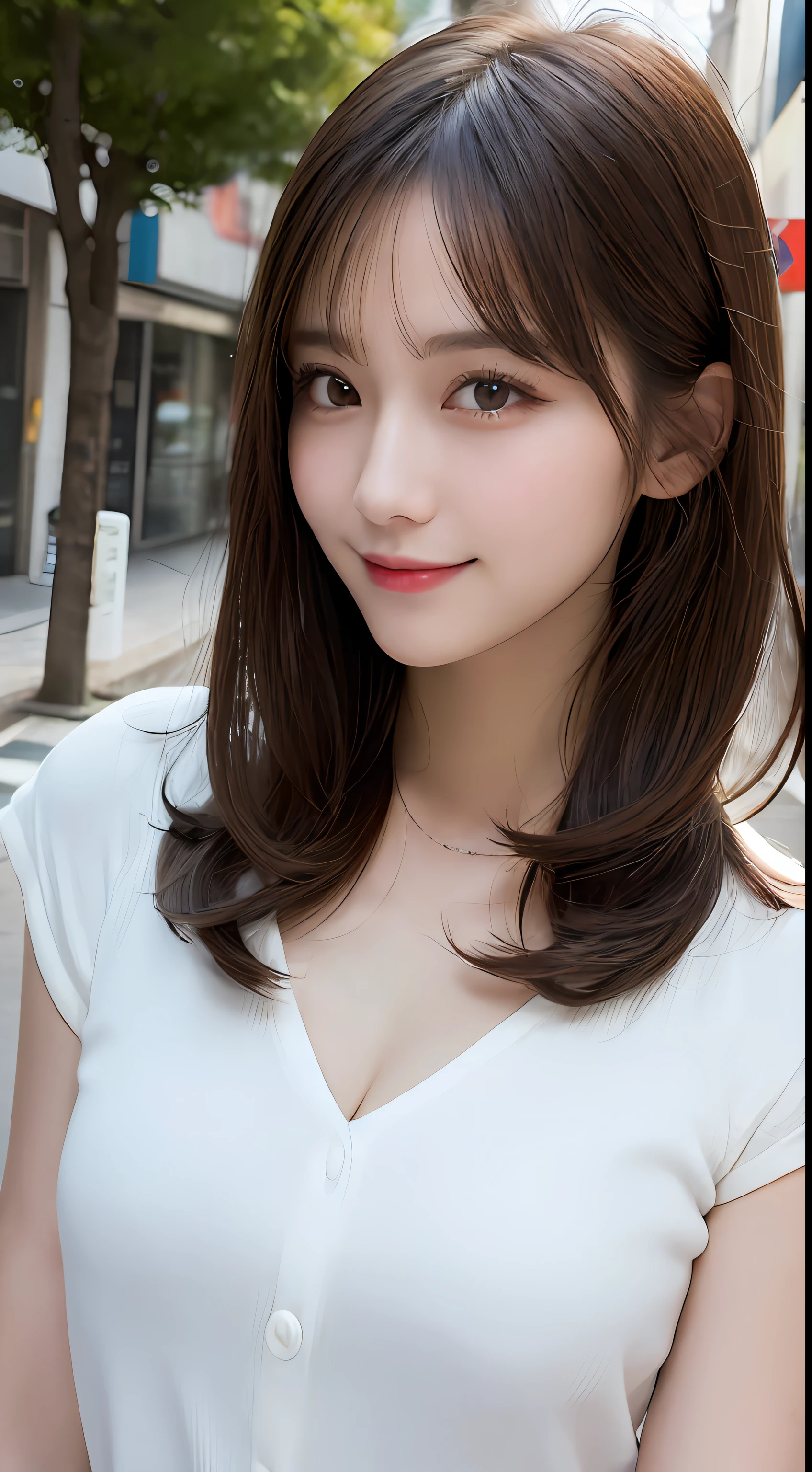 masutepiece, Best Quality, Illustration, Ultra-detailed, finely detail, hight resolution, 8K Wallpaper, Perfect dynamic composition, Beautiful detailed eyes, doress,Medium Hair, Mid-chest, Natural Color Lip, Random and sexy poses,Smile,Aoyama Street Walk、20 years girl