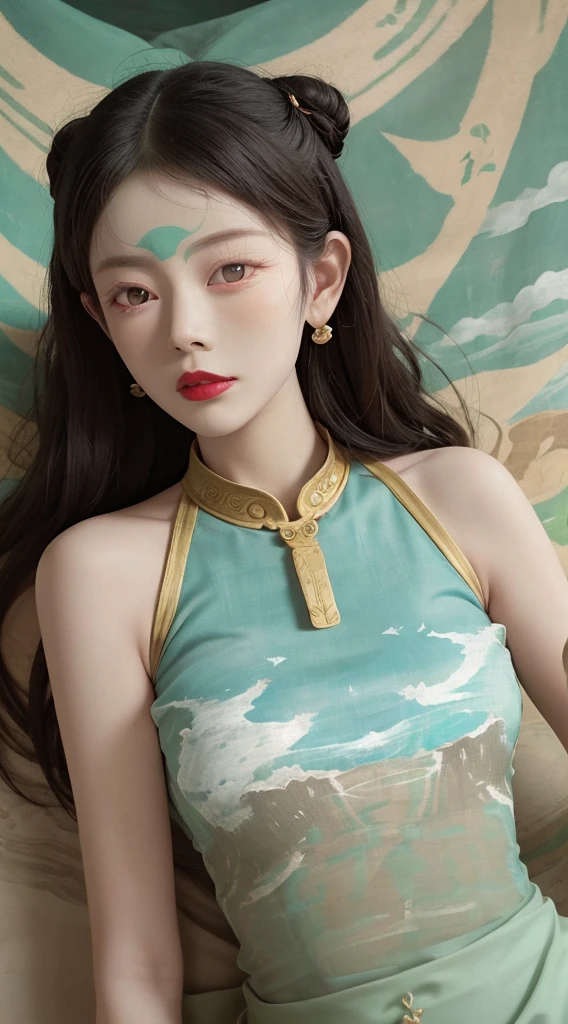 (RAW, Best Quality), Realistic, (Photorealistic Real: 1.3), Best Quality, High Detail, Masterpiece, Extremely detailed, Illustration, 1 25 year old goddess, upper body, Angle animated, mess_long_hair, best quality, 8k wallpaper, extremely detailed Dunhuang uniforms, ink, amazing, cinematic lighting, lens_flare, Dunhuang style tunic, sexy, crop top, bone delicate blows, Patterned socks, Gold patterns all over, an ancient goddess wearing a hanfu-style silk ao dai, silk tulle clothes, (Dunhuang style: 1.8) (Dunhuang fantasy landscape: 1.8 ), beautiful old face and extremely meticulous makeup, smooth pink and white skin, flawless soft skin, thin black eyebrows, meticulous eye makeup, big yellow eyes, eye makeup glitter, high nose, bun, hair brooch, jewelry on head and neck, big and round breasts, chubby, red lipstick, sweet little lips, bracelets on wrists, jewelry on goddess ao dai , the small tattoo on the forehead of the goddess,