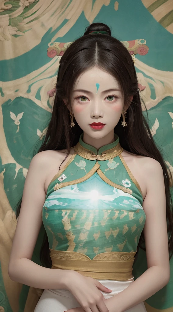 (RAW, Best Quality), Realistic, (Photorealistic Real: 1.3), Best Quality, High Detail, Masterpiece, Extremely detailed, Illustration, 1 25 year old goddess, upper body, Angle animated, mess_long_hair, best quality, 8k wallpaper, extremely detailed Dunhuang uniforms, ink, amazing, cinematic lighting, lens_flare, Dunhuang style tunic, sexy, crop top, bone delicate blows, Patterned socks, Gold patterns all over, an ancient goddess wearing a hanfu-style silk ao dai, silk tulle clothes, (Dunhuang style: 1.8) (Dunhuang fantasy landscape: 1.8 ), beautiful old face and extremely meticulous makeup, smooth pink and white skin, flawless soft skin, thin black eyebrows, meticulous eye makeup, big yellow eyes, eye makeup glitter, high nose, bun, hair brooch, jewelry on head and neck, big and round breasts, chubby, red lipstick, sweet little lips, bracelets on wrists, jewelry on goddess ao dai , the small tattoo on the forehead of the goddess,