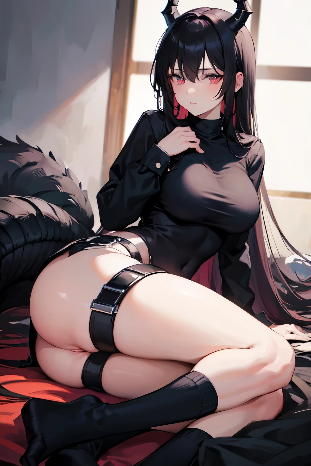 ((best quality)), ((masterpiece)), (detailed), perfect face, big breast, black long straight hair, Full Black Turtleneck shirt, Full Black Shorts + Socks, short black dragon horns, Black Sleek Plated Tail, white pale skin, light pink eyes, broken handcuffs,