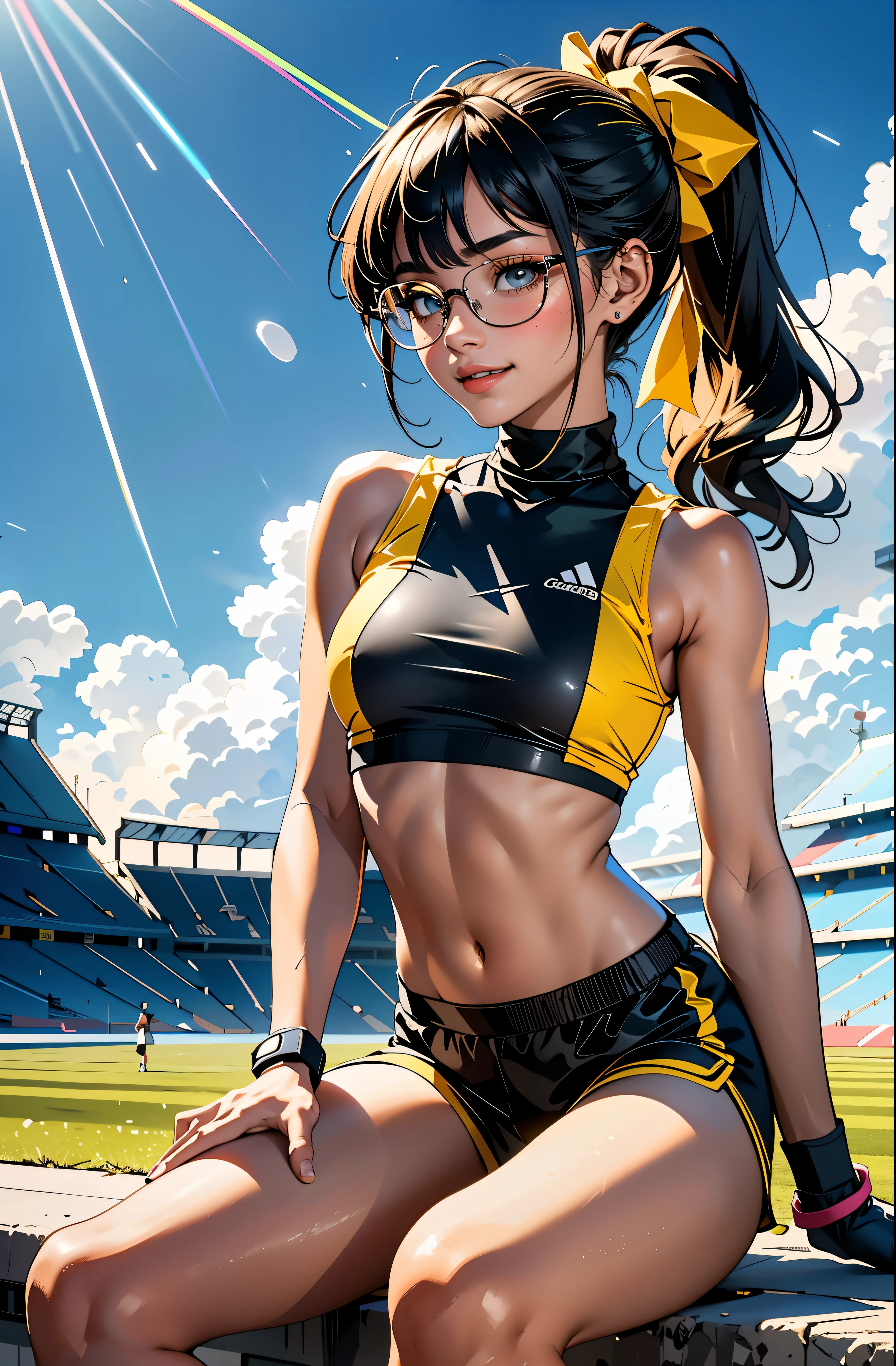beautiful girl runner, 16 years old, Prepare to practice running, Lean over to tie your shoelaces., black hair, Ponytail, smooth, smile a little, wear glasses, ((Wear a sleeveless sports bar., Turtleneck, black and yellow shorts, (Under the breast))), The abdomen has sexy lines., yellow running shoes, in the stadium stands, anime, high resolution