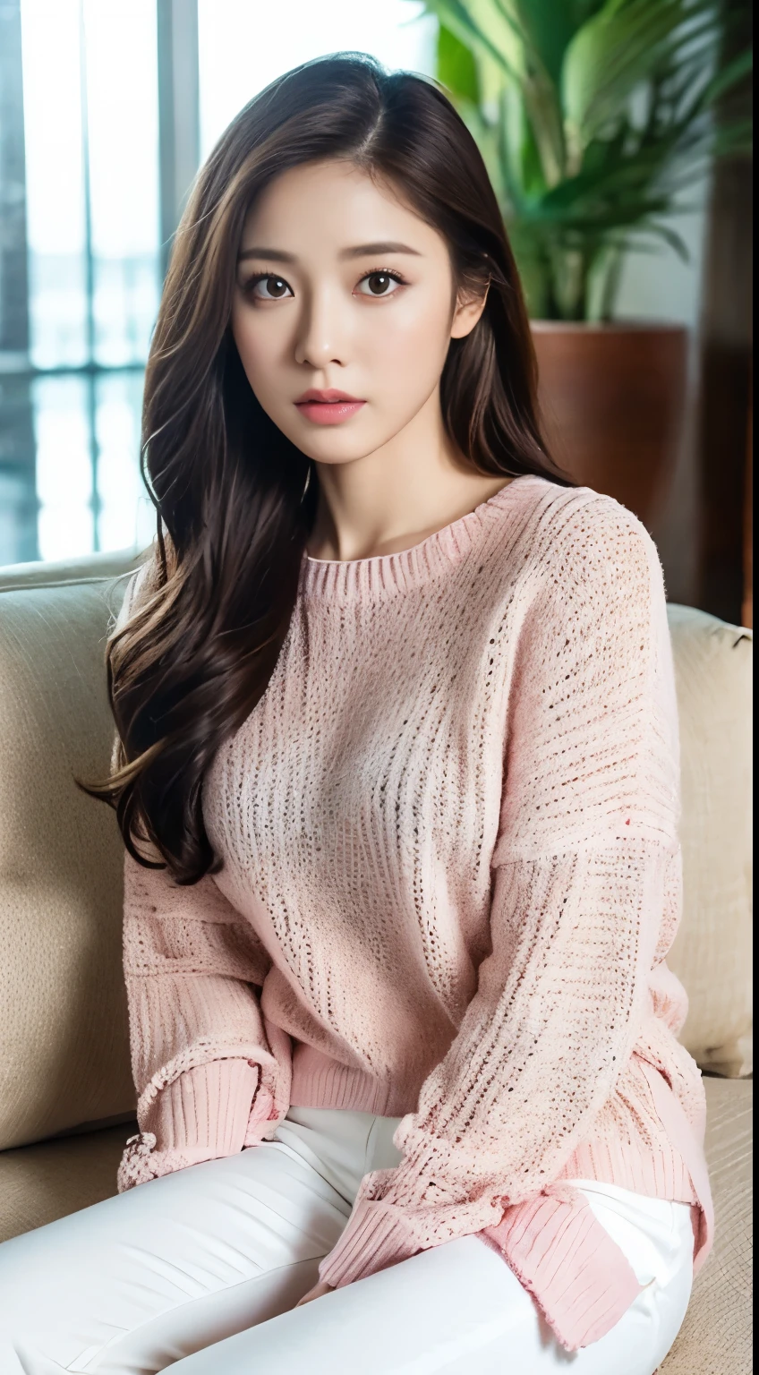 cinematic pictures, 1 beautiful woman: 1.2, Pale pink sweater, white pants, long brown hair, super detailed face, Sitting on a white sofa, background: sea resort