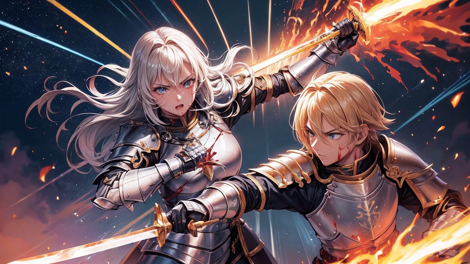 masterpiece,8k,best quality,ultra detailed,ultra highres, (((A male paladin and a female knight are dueling with swords))), (holding a fire sword), (rage:1.3), (((face close-up))), blonde hair, blue eye, straight hair, (fire:1.1), (((Burning-Edge:1.2))), (sunrise), (((arena))), (Shimmering Nightscapes), (Radiant Flares:1.2), (((speed lines:1.4))), (((from slightly above:0.7))), (((fighting stance))),(((bleeding:1.3)))