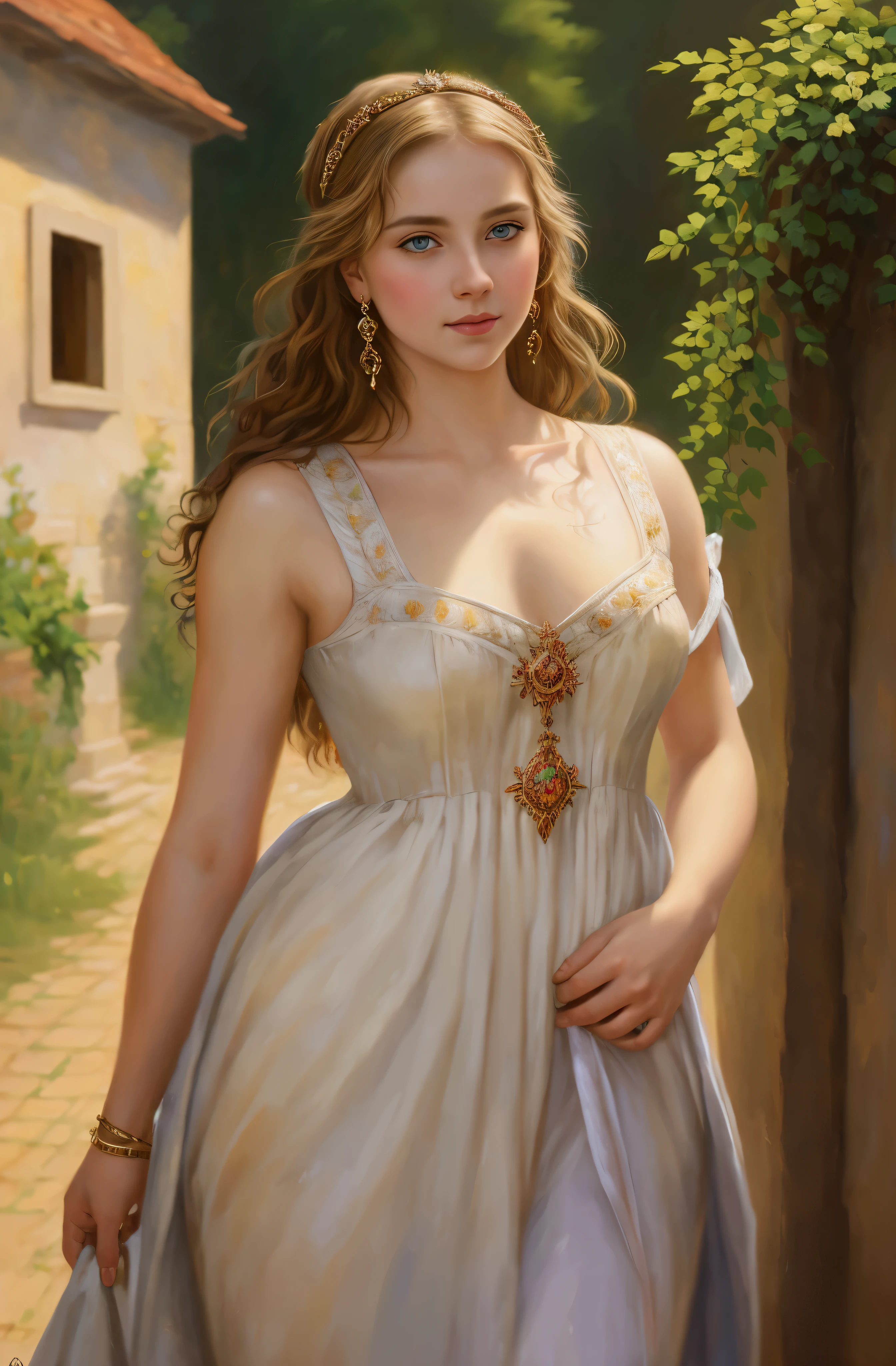 portrait, girl, middle ages, classicism, andrey atroshenko style, painting, pierced eyes, beautifully styled hair, traditional media, realistic, figurative, fine art, oil on canvas, HDR, 8K, original character, high resolution, high detail, focus on the face, beautiful eyes