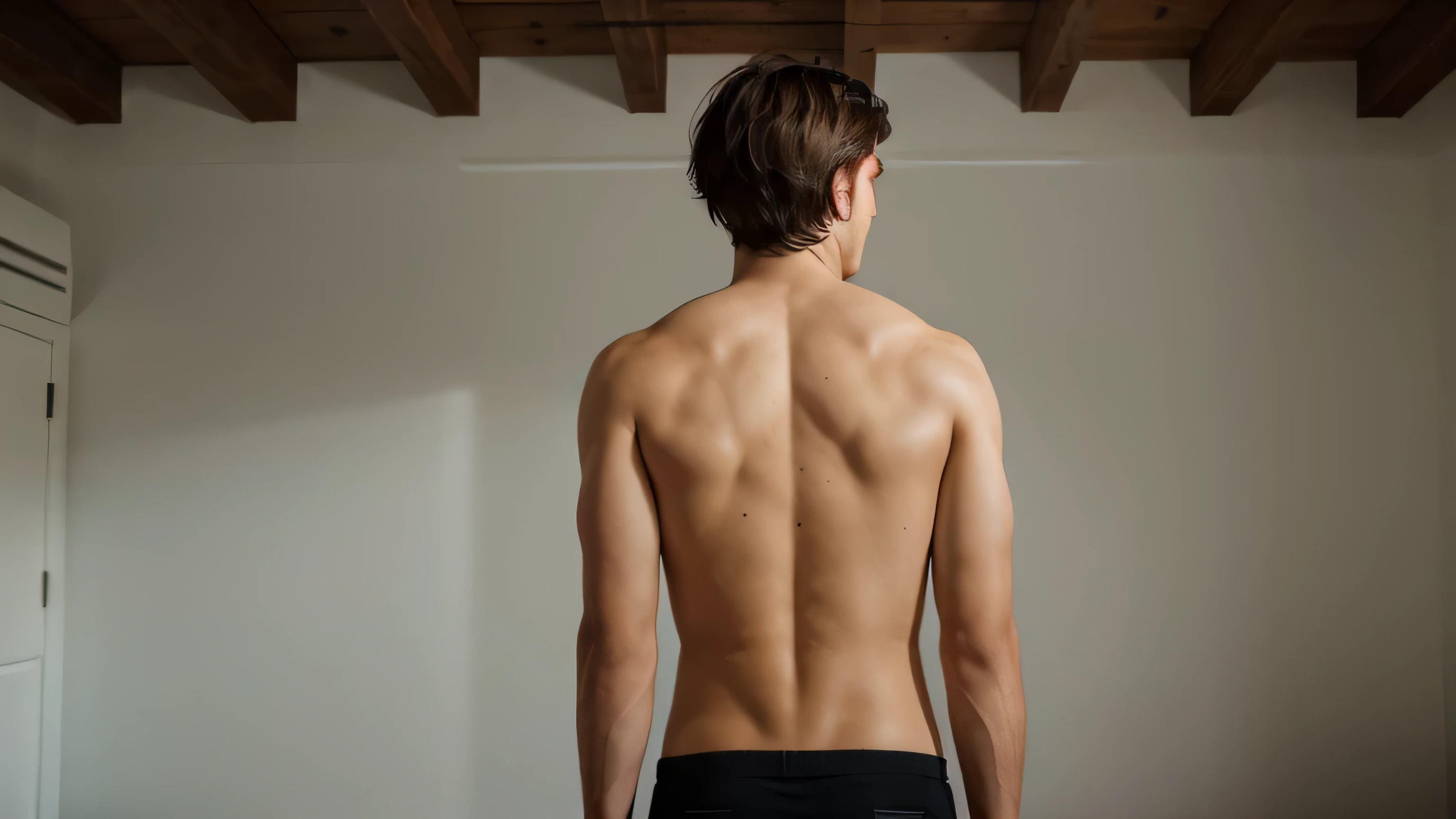 A young man in his 20s is turning his back to the camera and standing looking straight ahead
