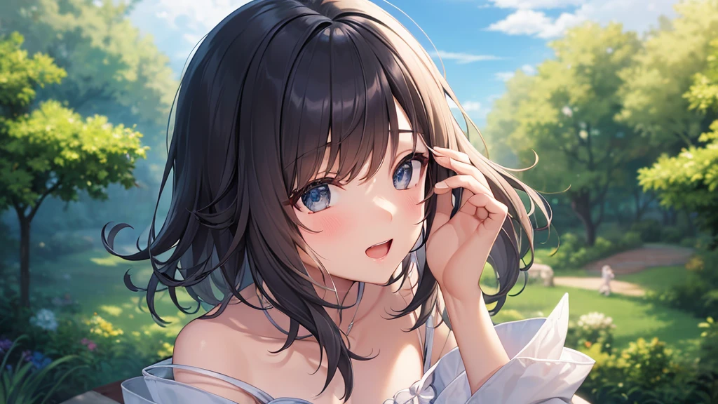 super high quality, with a girl, 20-year-old, very short hair, long bangs between the eyes, gray eyes , blue sky, sunlight, very detailed,(masterpiece、highest quality)、alone、gray hair、laughter、fantasy, silver hair, black eye, beautiful eyes,, ecstasy, charm, be smitten with audience, fantasyな風景、seaside、white clothes