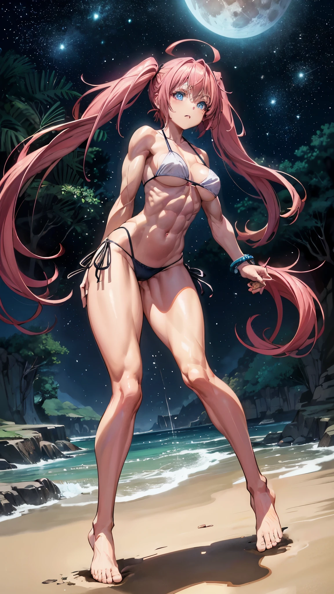 1 girl, (medium breasts))), (((wearing a short bikini))), (long pink hair), (((blue eyes))), Thin arms, (on the beach at night with a starry sky and a full blood moon), (slim waist), (((muscular legs))), muscular belly, barefoot, (((showing her big ass to me))), (full body photo), (twintails), eyes long, eye glow, bad mood, anime, anime style, ray tracing, glow, drop shadow, Panorama, Sony FE, 8k, UDisk, artwork, accurate, anatomically correct, super detail, best quality, Ultra high resolution, hard disk, 16k