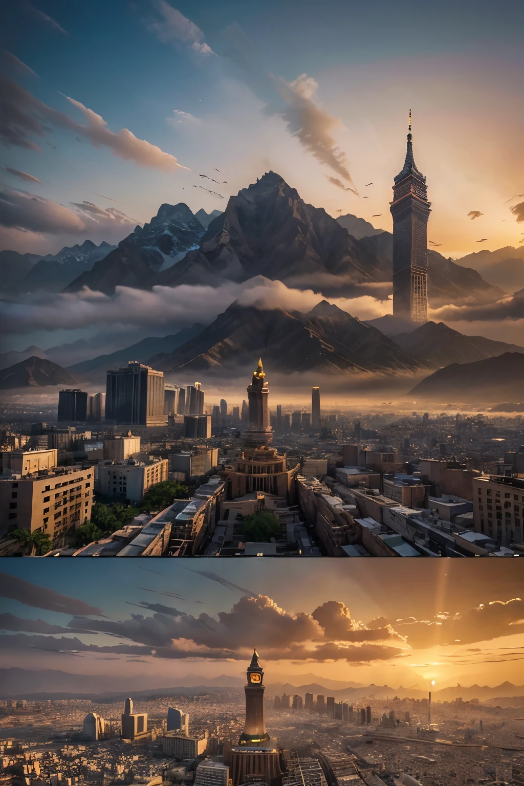 Immerse yourself in the enchanting beauty of Mecca with our AI-generated image capturing a breathtaking cityscape. In the foreground stands the iconic Clock Tower, a symbol of Mecca's grandeur, reaching majestically towards the sky. Framed by the silhouette of rugged mountains in the distance, this scene paints a serene portrait of Mecca's harmonious coexistence with nature. As the sun gracefully sets, casting warm hues across the horizon, the sky above is adorned with a gentle overcast, adding a touch of mystique to the atmosphere. Our AI technology meticulously crafts this visual masterpiece, seamlessly blending the architectural marvels of Mecca with the natural splendor that surrounds it, creating a unique and captivating depiction of this sacred city at the magical hour of sunset