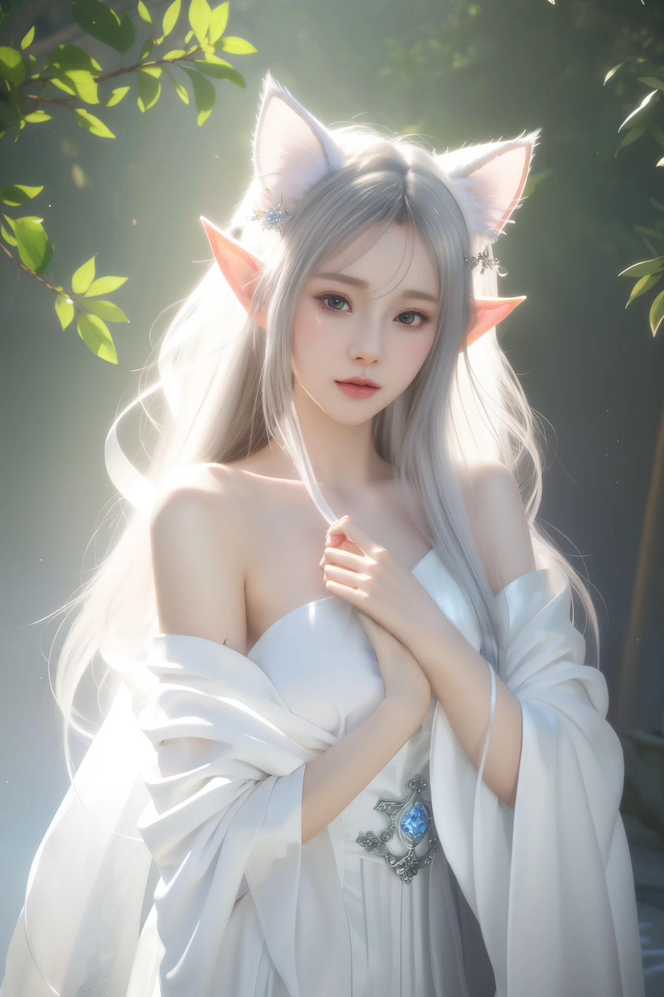 One wearing a white dress、Close-up of a woman with cat ears, ethereal beauty, Stunning young and ethereal figure, flowing white robe, flowing dress, flowing magic robe, beautiful girl, Very beautiful elf top model, Beautiful digital artwork, tall thin beautiful goddess, beautiful goddess, beautiful fantasy girl, beautiful fantasy art, Smooth digital concept art, Smooth anime CG art