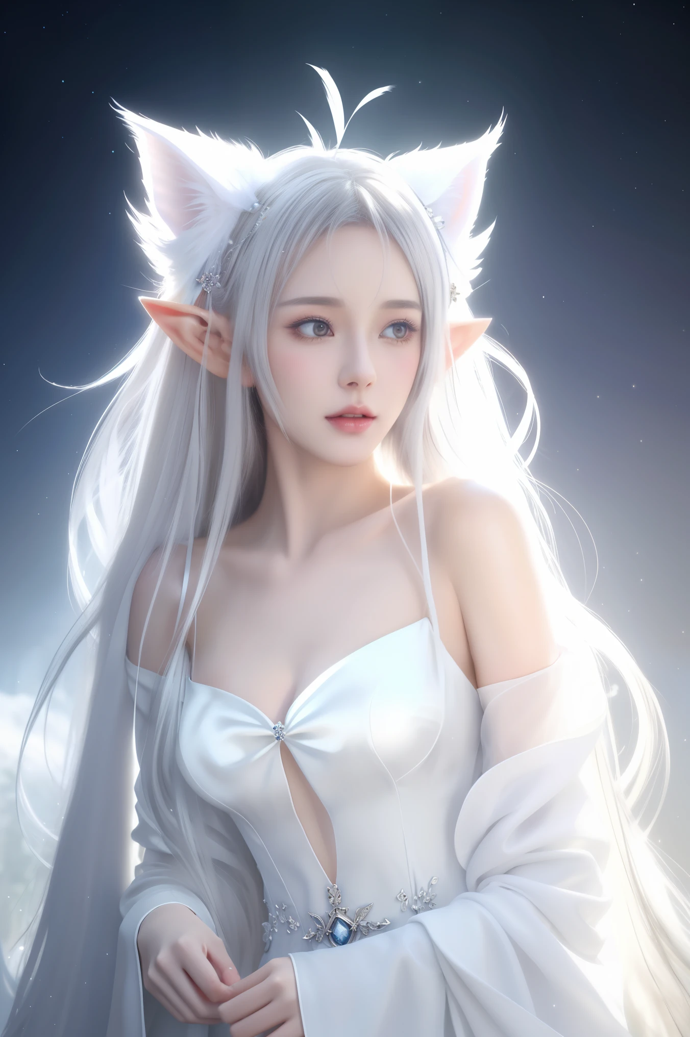 One wearing a white dress、Close-up of a woman with cat ears, ethereal beauty, Stunning young and ethereal figure, flowing white robe, flowing dress, flowing magic robe, beautiful girl, Very beautiful elf top model, Beautiful digital artwork, tall thin beautiful goddess, beautiful goddess, beautiful fantasy girl, beautiful fantasy art, Smooth digital concept art, Smooth anime CG art