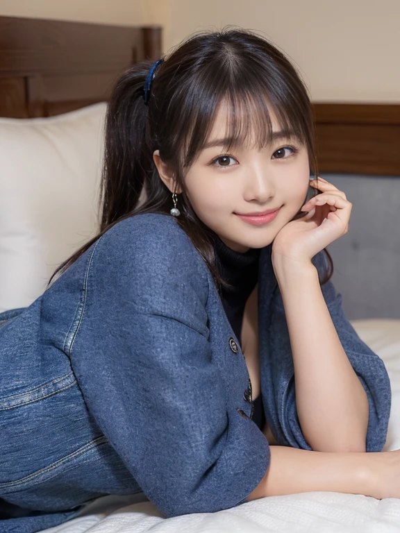 sleep(Photoreal)、(Super high realism)、(ultra high resolution)、(Ultra high definition)、 (17 year old girl、very young face, natural makeup)(fair skin、Smooth skin、realistic texture)(sparkling eyes)beautiful breasts、beautiful cleavage、thin waist、big ass、((cute smile))((Long ponytail))With bangs（((black wool short coat、Extremely short miniskirt made of denim)))brown hair(earrings)Stylish coffee shop((((Thighs look bold、bold pose、put your head on the pillow、Bed、Bedでsleep:1、))))(((full body shot、Visible up to the ankles)))