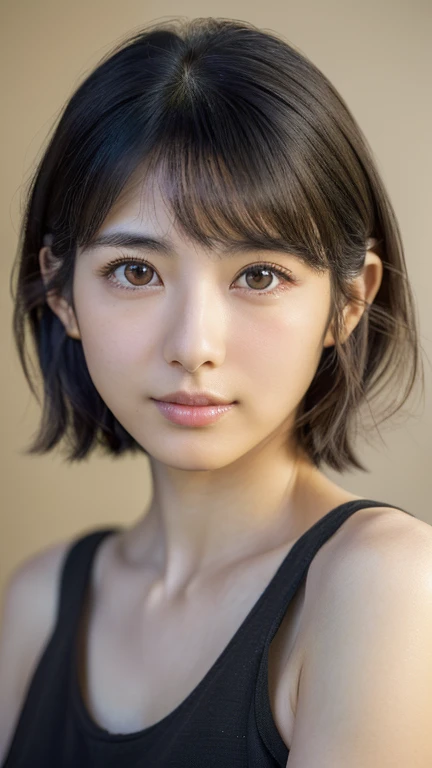 ((High-resolution image of a Japanese woman in a Charming Close-Up Pose, focusing on her face and upper body in a neutral or soft-textured setting.)) ((Gentle and engaging expression, with large eyes, small nose, and delicate features; black shoulder-length bob, C cup.)) ((Background that highlights her approachable and warm demeanor. No other figures present.))