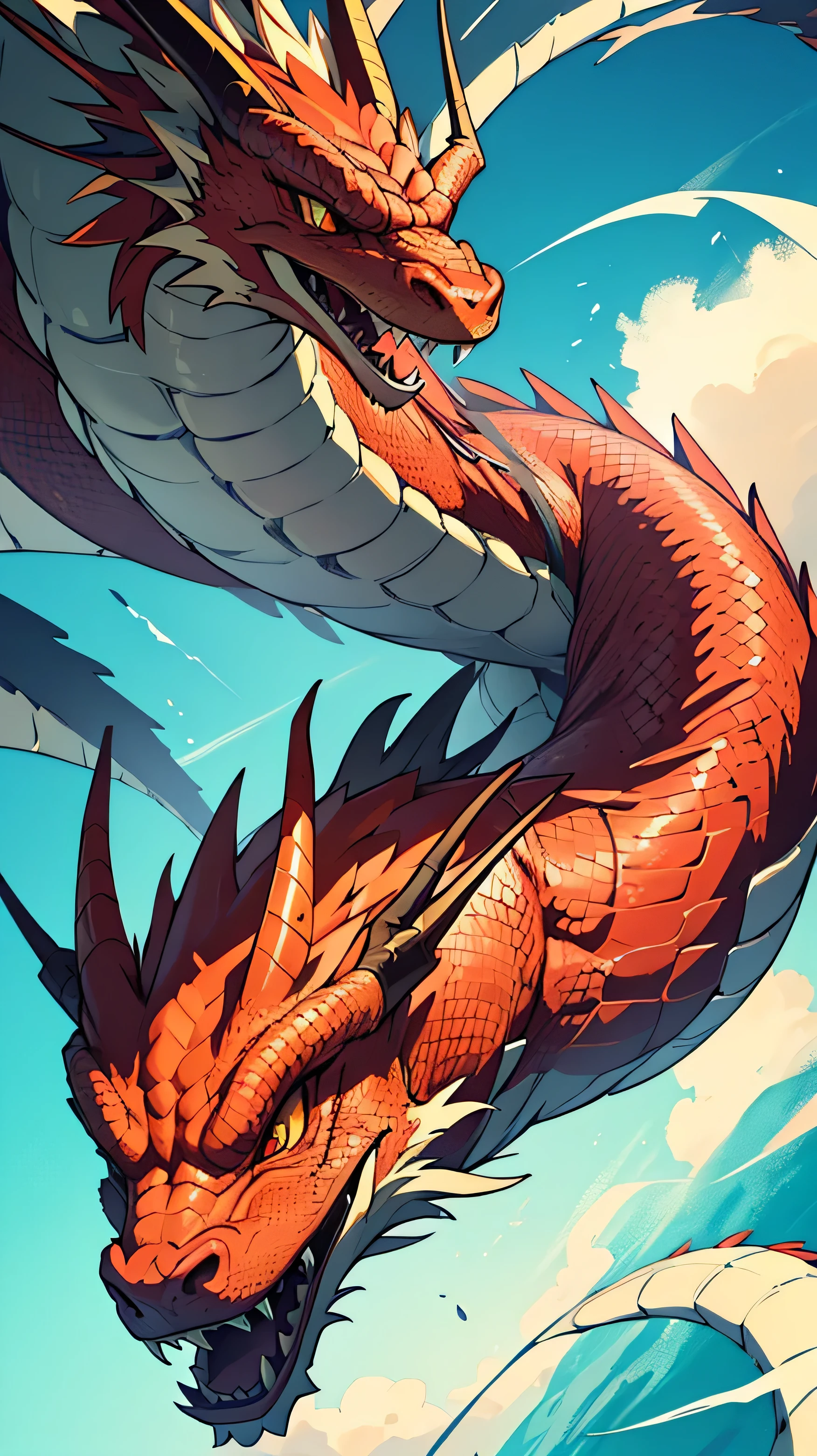 (best quality,4K,8 thousand,high resolution,masterpiece:1.2), oriental dragon, asian dragon, snake-like body, red dragon, zoom in