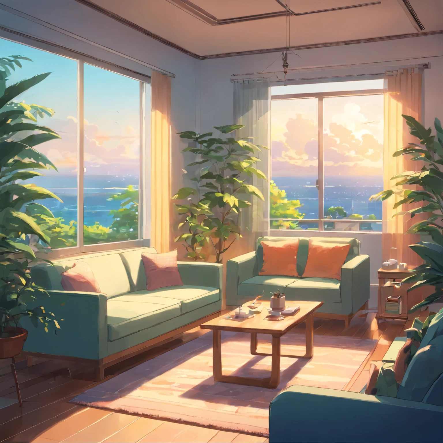 cool, autonomous air conditioner, living room, illustrations, high resolution (4k), realistic lighting, vivid colors, comfortable furniture, modern design, cozy atmosphere, clean and organized, plants, natural light, relaxing vibes