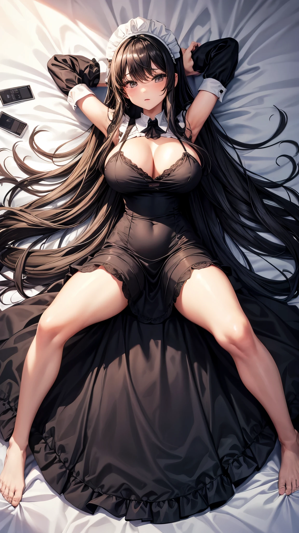 Maid ,long maid dress , black dress , lying on bed , huge , full body view , arms up , missy hair , dress covers all her body , condomywhere