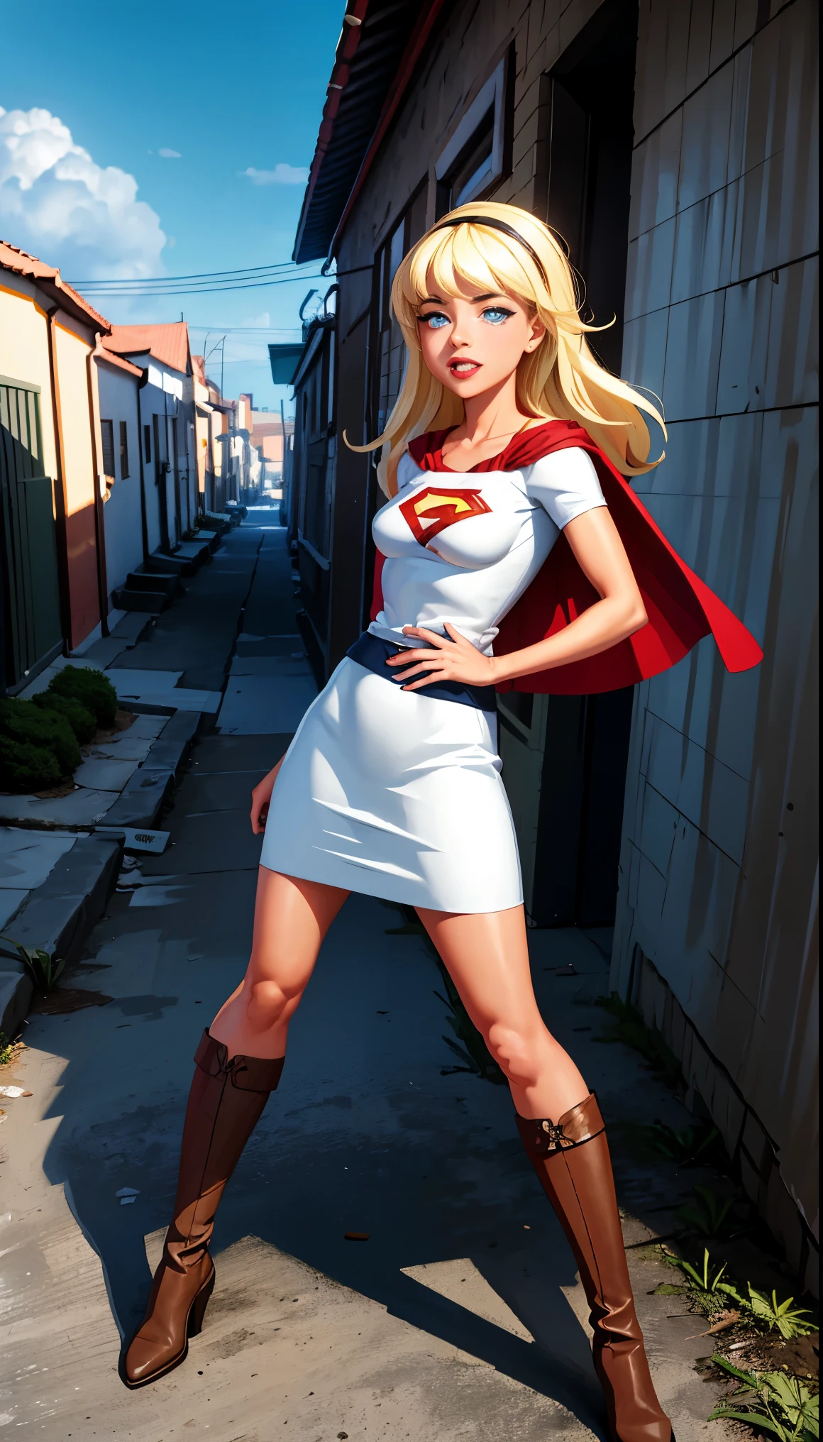 (tiro de vaqueiro), sfw, (obra de arte), (melhor qualidade:1.0), (ultra high resolution:1.0), olhos detalhados,
QUEBRA Supergirl, 1 garota, cabelo loiro longo, no ar, voador
faixa de cabelo, \(branco\) corte superior, manga curta, capa, blue pencil skirt, luvas, botas BREAK
(nuvens, CIDADE, vista deslumbrante)