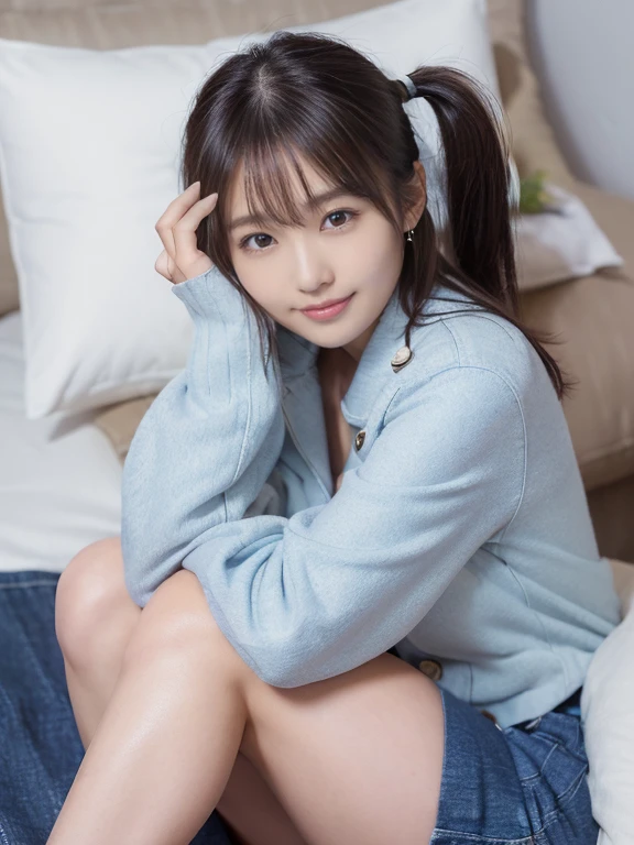 sleep(Photoreal)、(Super high realism)、(ultra high resolution)、(Ultra high definition)、 ( girl、very young face, natural makeup)(fair skin、Smooth skin、realistic texture)(sparkling eyes)beautiful breasts、beautiful cleavage、thin waist、big ass、((cute smile))((Long ponytail))With bangs(((black wool short coat、Extremely short miniskirt made of denim)))brown hair(earrings)Stylish coffee shop((((Thighs look bold、bold pose、put your head on the pillow、Bed、Bedでsleep:1、))))(((full body shot、Visible up to the ankles)))