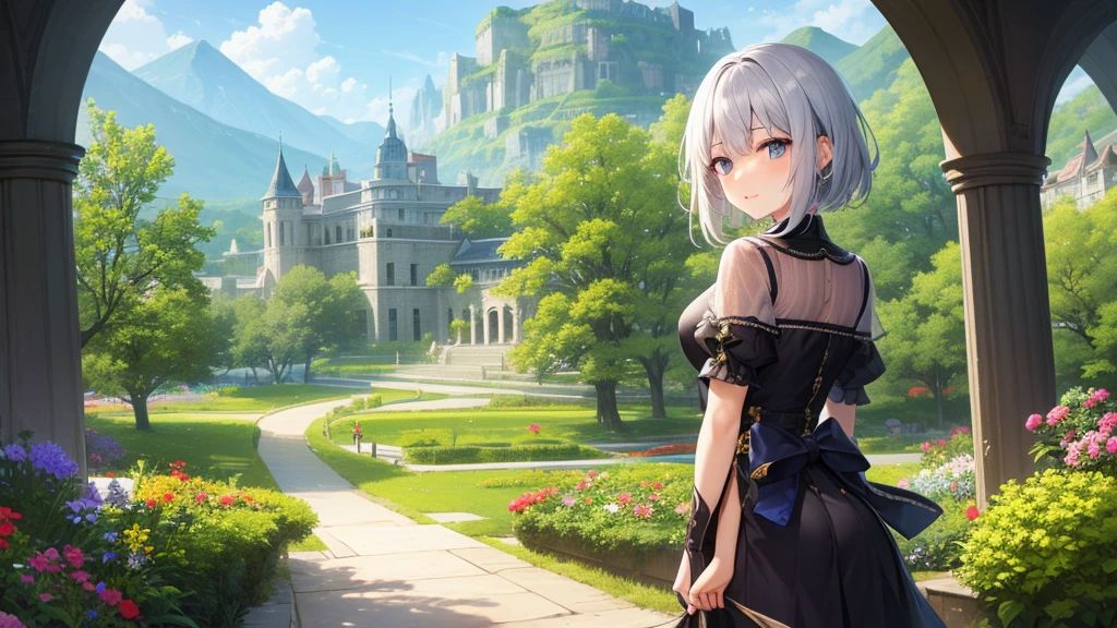 super high quality, with a girl, 20-year-old, very short hair, long bangs between the eyes, gray eyes , blue sky, sunlight, very detailed,(masterpiece、highest quality)、alone、gray hair、laughter、fantasy, silver hair, black eye, beautiful eyes,, ecstasy, charm, be smitten with audience, fantasyな風景、flower garden