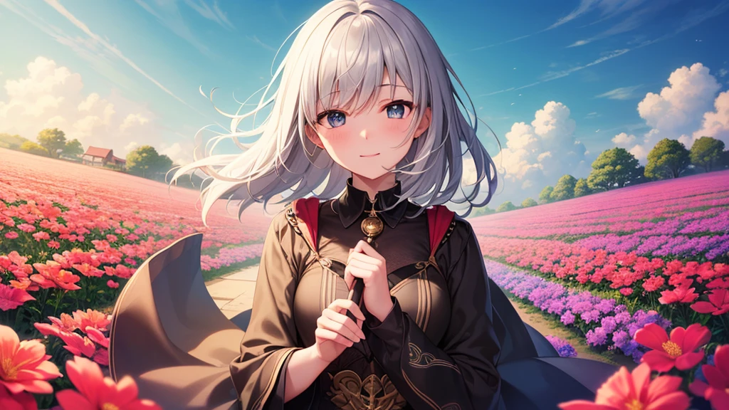super high quality, with a girl, 20-year-old, very short hair, long bangs between the eyes, gray eyes , blue sky, sunlight, very detailed,(masterpiece、highest quality)、alone、gray hair、laughter、fantasy, silver hair, black eye, beautiful eyes,, ecstasy, charm, be smitten with audience, fantasyな風景、flower garden