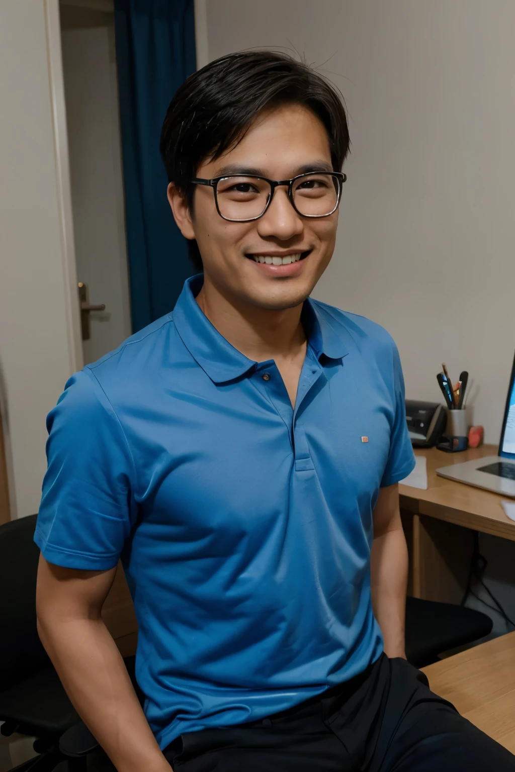a photo of an Asian man with glasses in his 30s smiling at the camera with a background of copmuter desk