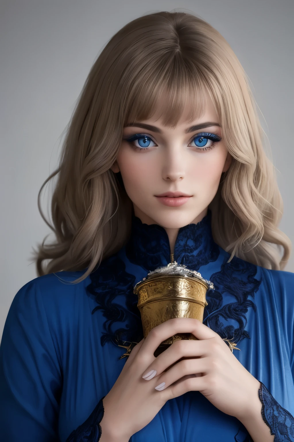 visage parfait hyper réaliste, une femme brune, les yeux bleus et qui louche un peu, monté sur un dragon