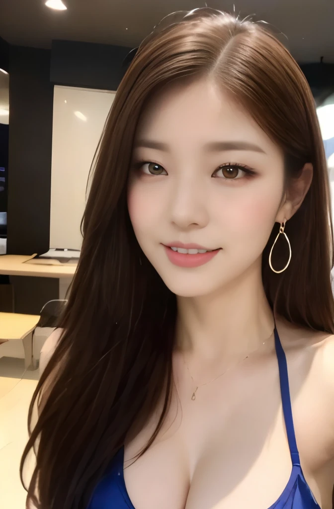 (24 year old lover), (big breasts:1.3),   (Have a sumptuous dinner in front of you、wine glass in front)、((silk blue halter neck one-piece dress))、(master piece: 1.3), (maximum resolution: 1.4), (ultra high vision: 1.2), cinematic light, ultra high vision,make one&#39;s cheeks flush:1.2、 (fine eyes and skin), (detailed facial features), 8K resolution, perfect style, beautiful expression、Highly detailed face and skin texture、detailed eye、double eyelid、glitter eyeliner:1.2、shiny skin、pure white skin:1.8、white skin:1.8、red rouge、dark lipstick:1.2、small shiny necklace and earrings、glossy lips:1.2、glossy lips:1.2、((full body shot:1.2))、(straight hairstyle、light brown hair)、long hair、(very affectionate smile:1.2)、night