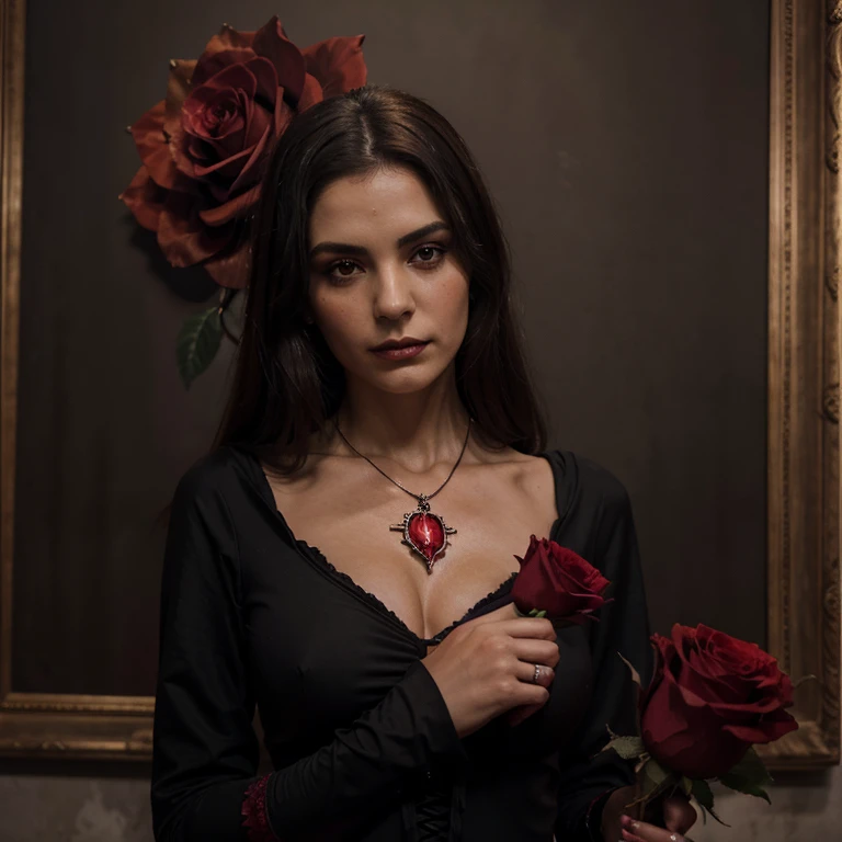 manos de mujer, centrado, holding a red rose, vestido victoriano, elegante, rostro perfecto, mujer hermosa,blood details,iluminacion equilibrada, dark vibrant, oil painting, foco principal en las manos, red dominant, gothic style, cross necklace, vampire, more blood.